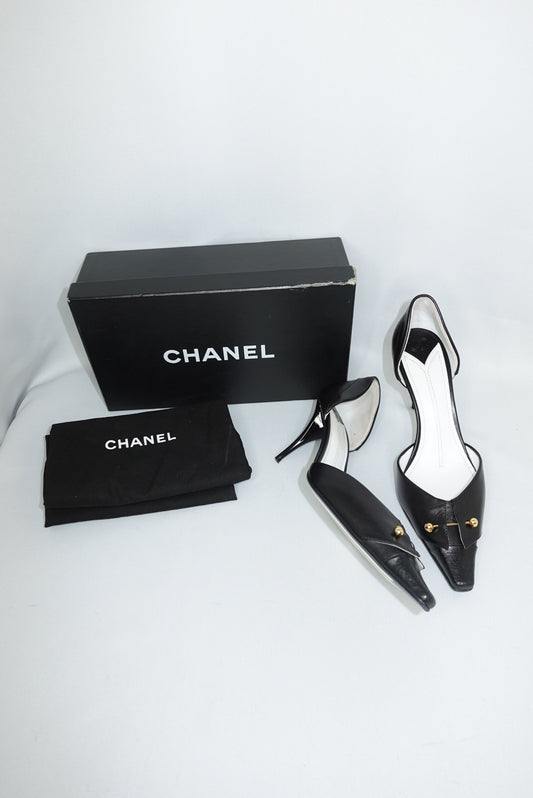 Chanel Vintage Heels Black Pointed-Toe w/ Gold Toned Studs