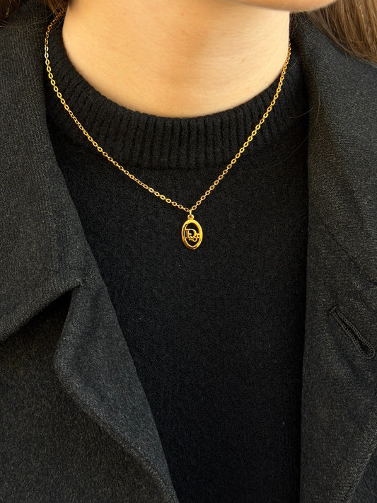 Christian Dior Gold Toned Vintage Necklace Round Logo