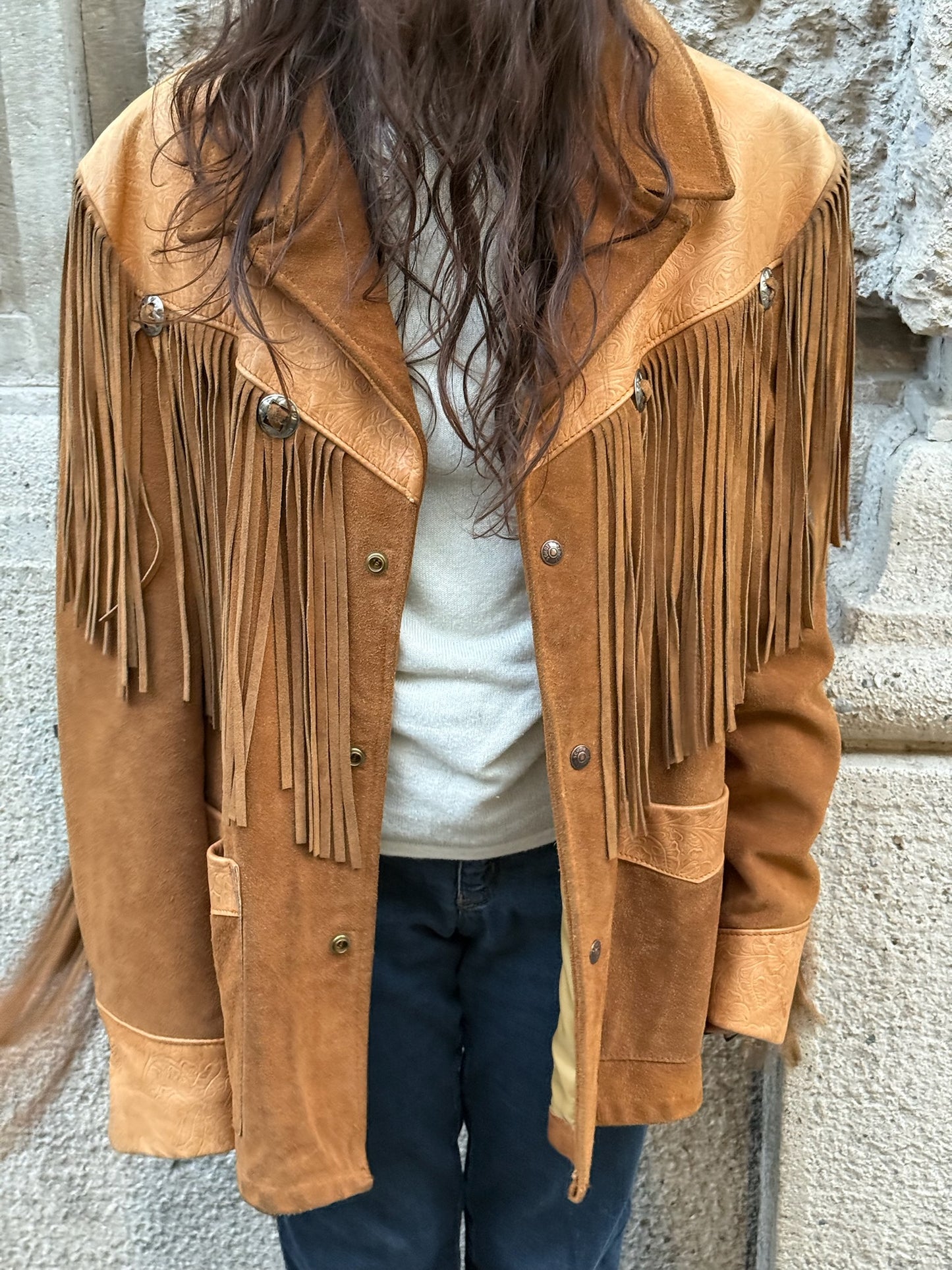 Beige Vintage Suede Fringe Western Jacket
