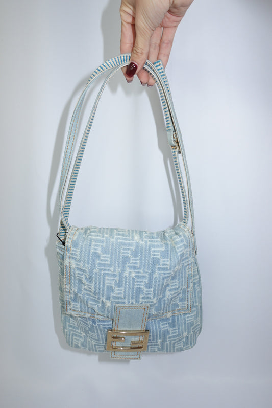 Fendi Zucca Vintage Denim Long Baguette Crossbody Bag