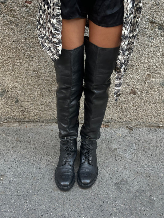 Chanel Vintage Black Leather Thigh-High Boots with Embroidered CC Interlocking Logo