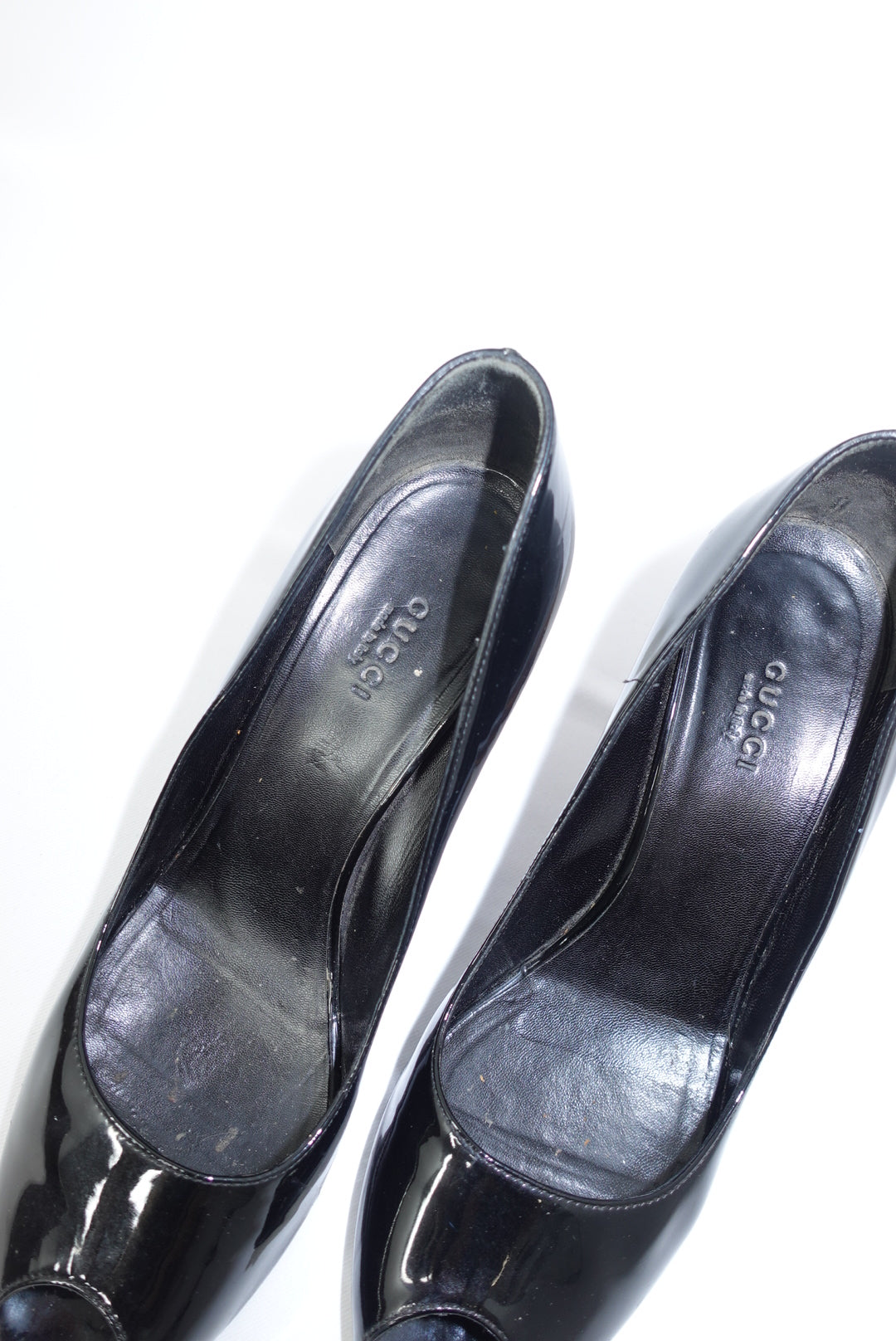 Gucci Tortoise Shell Open Toe Patent Leather Black Vintage Heels