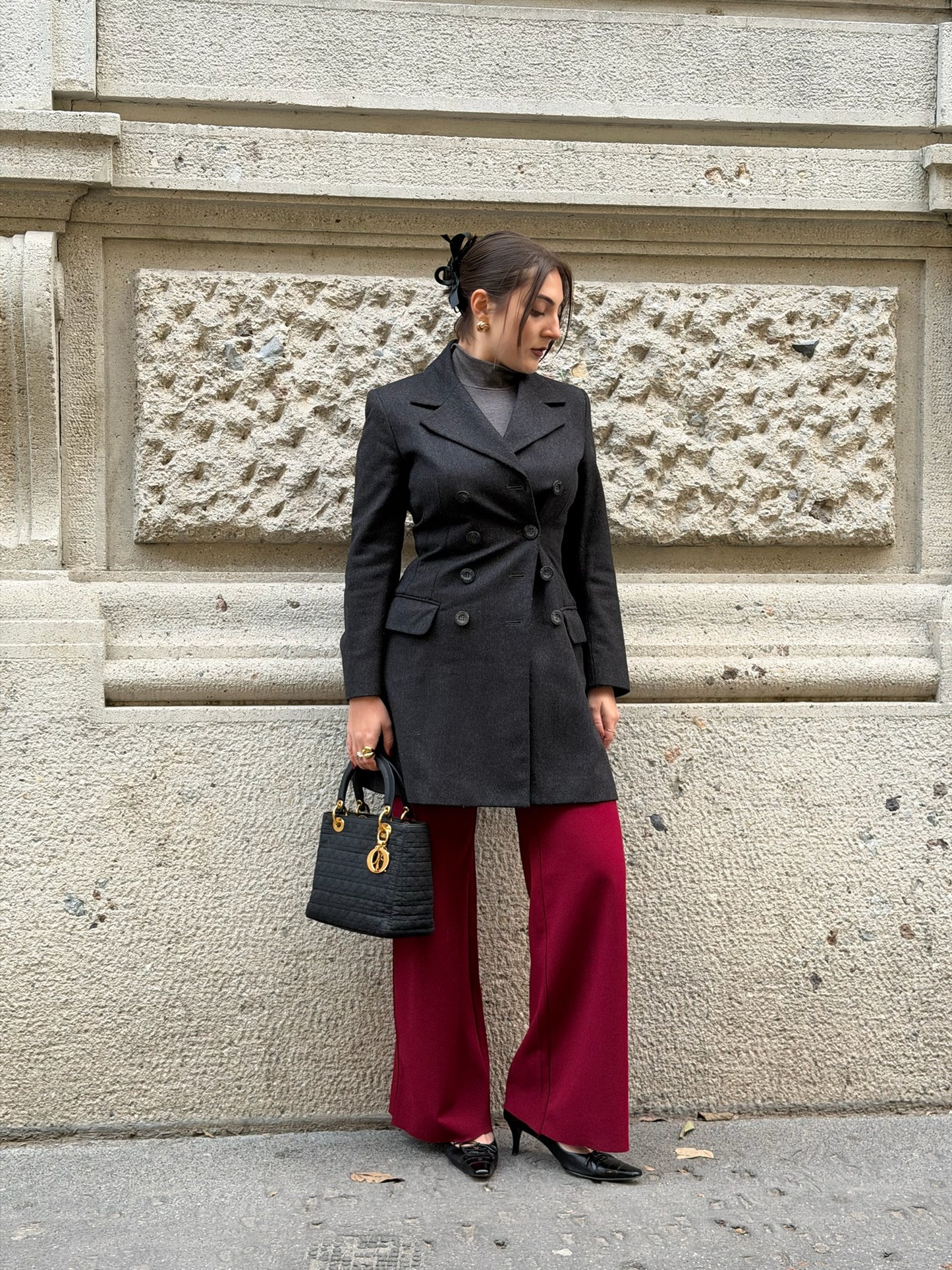 D&G Dolce & Gabbana Vintage Dark Grey Wool Double Breasted Blazer and Skirt Set