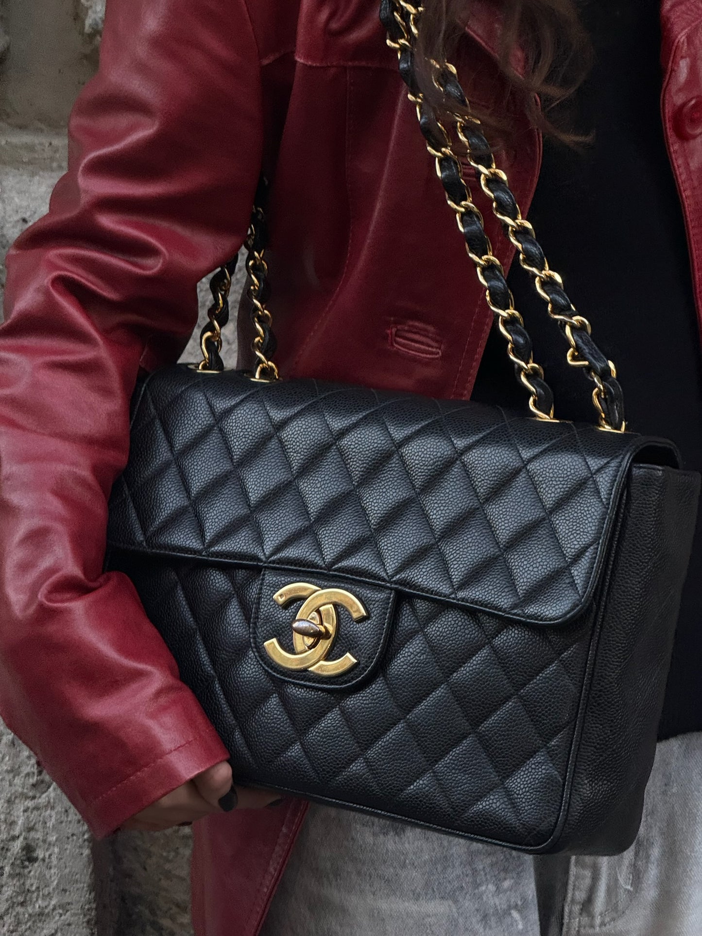 Chanel Vintage Jumbo Maxi Logo Caviar Leather