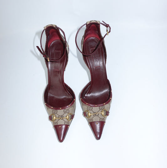 Gucci Monogram & Burgundy Horsebit Heels 37