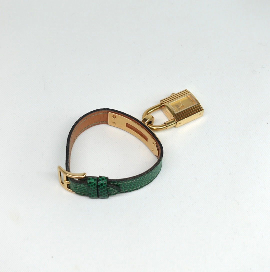 Vintage Hermès Kelly Gold Padlock Watch Green Lizard