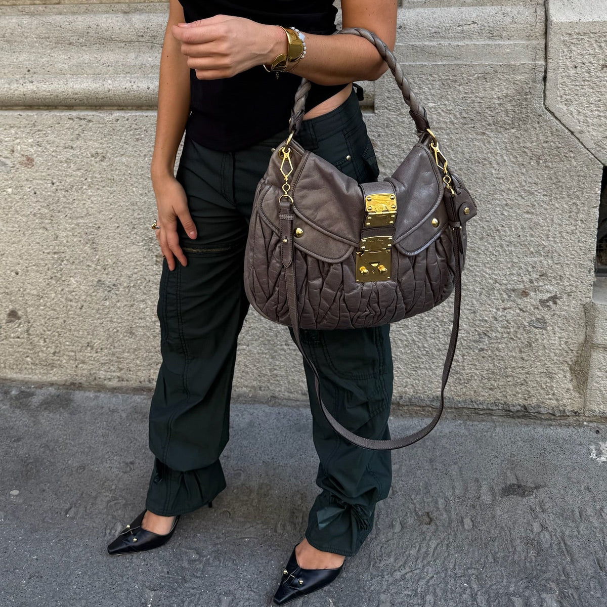 Miu Miu Vintage Grey Matelassé Coffer Shoulder Bag