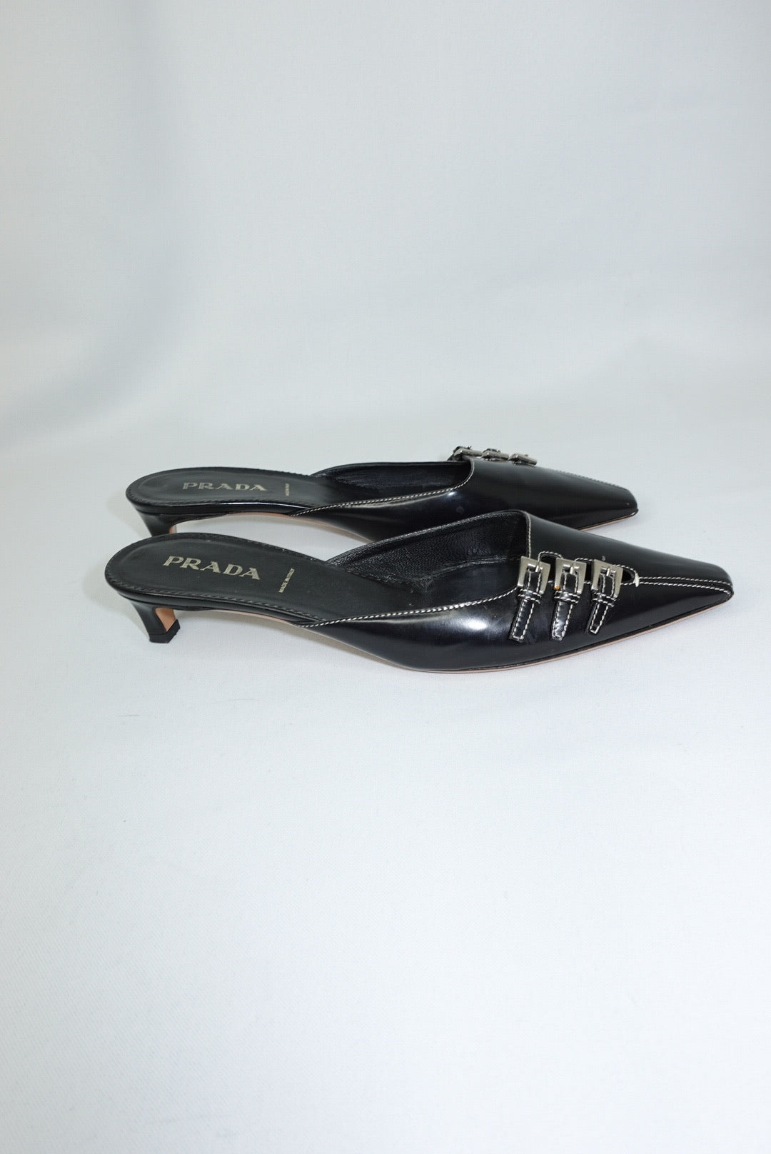 Prada Black Leather Kitten Heel Mules 38.5