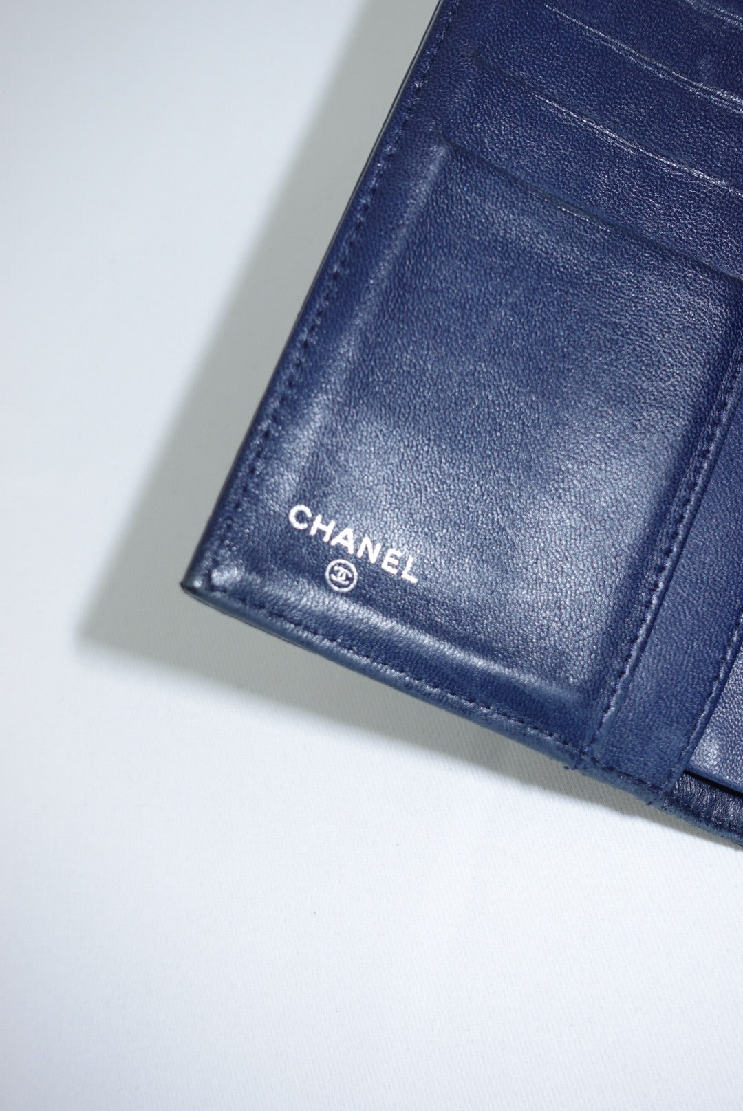 Re-Worked Chanel Timeless Trifold Vintage Navy Wallet with Chain