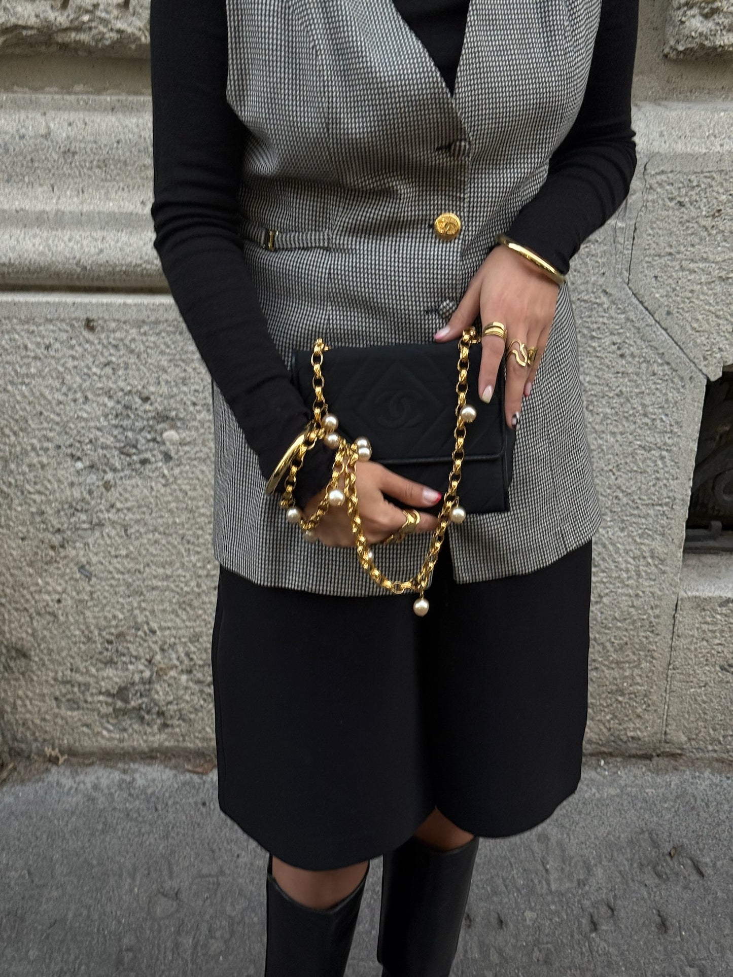 Chanel Vintage Satin Pearl Chain Embroidered CC Logo Bag