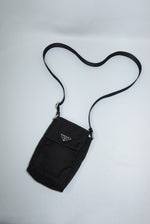  Prada black nylon mini shoulder bag with silver hardware and logo plaque
