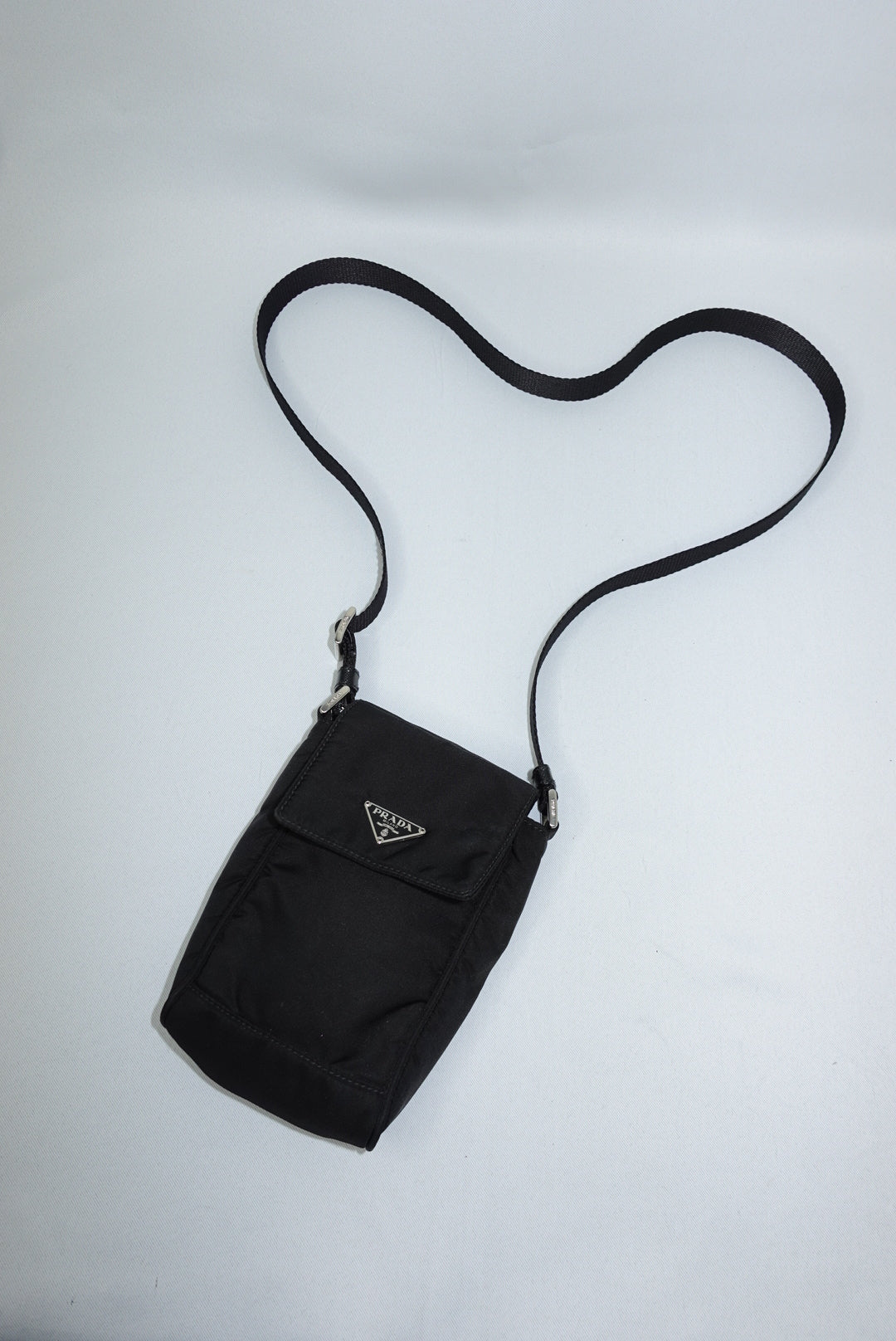  Prada black nylon mini shoulder bag with silver hardware and logo plaque