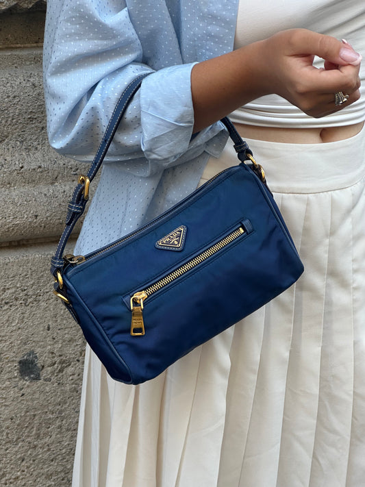 Prada Nylon Navy and Gold Shoulder Bag Y2K
