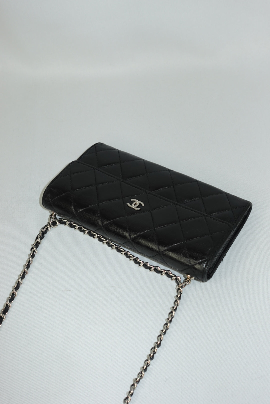 Chanel Vintage Re-worked Black Quilted Flap Wallet with Chain Lambskin