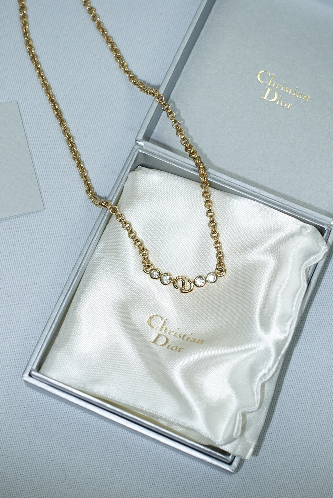Christian Dior Gold Toned Vintage Necklace CD Logo Crystals