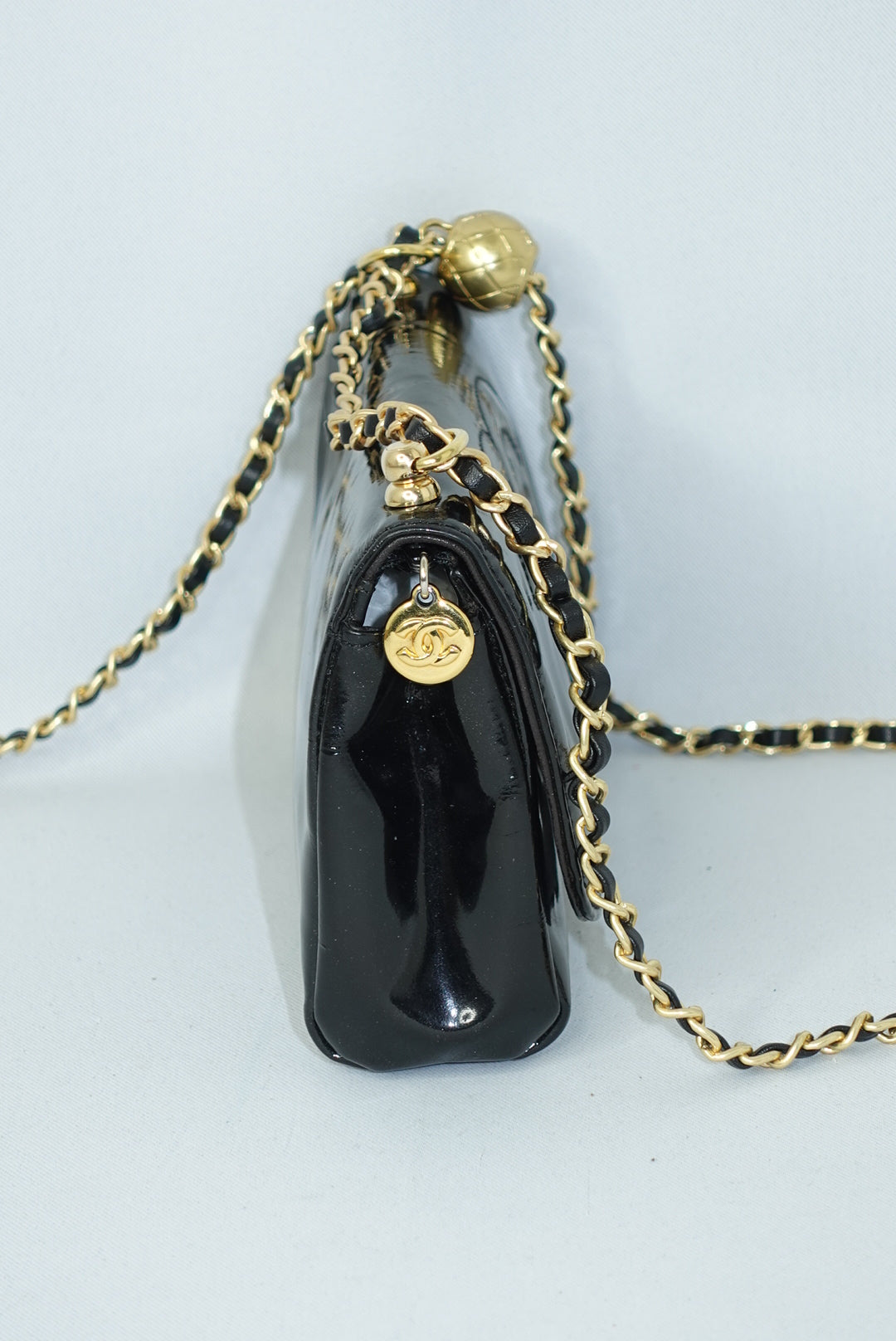 Chanel Re-Worked CC Flap Vintage Black Patent Leather Wallet w/ Chain