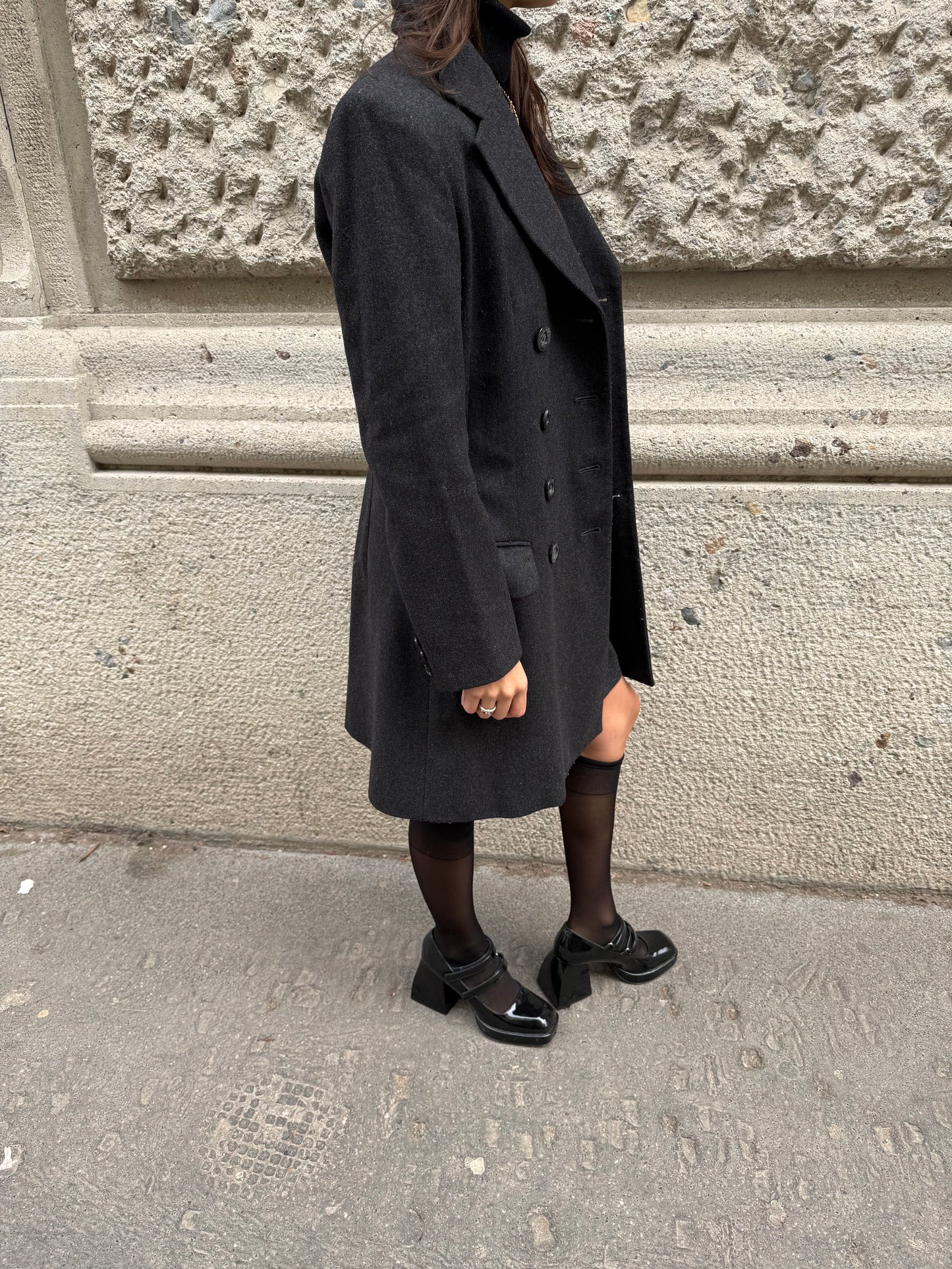 Completo blazer doppiopetto e gonna in lana grigio scuro vintage Dolce & Gabbana