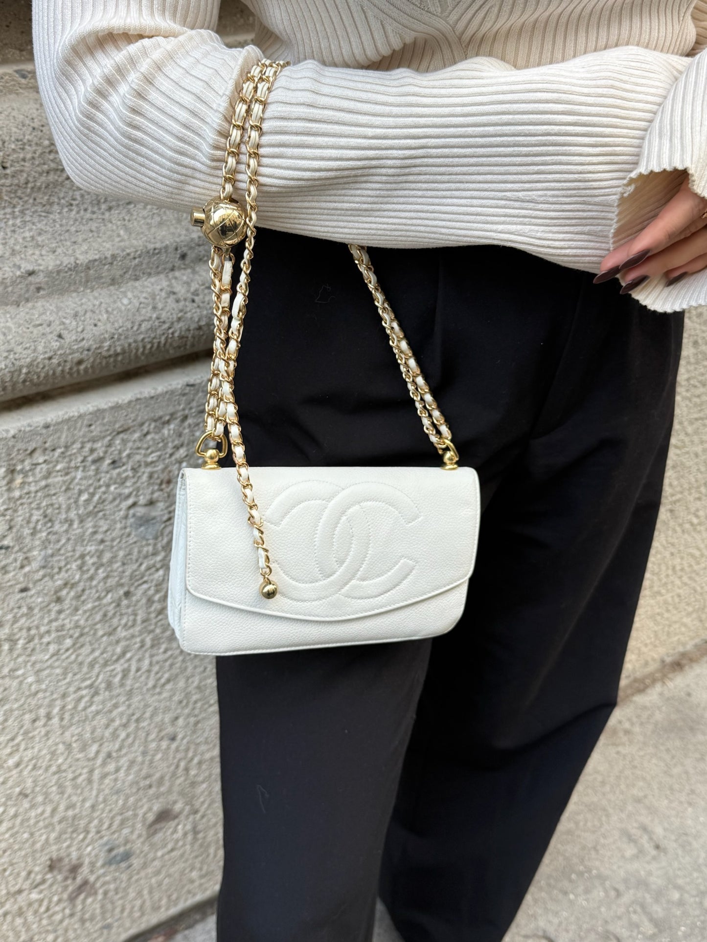 Re-Worked Chanel CC Flap Vintage White Calfskin Vintage Wallet with Chain