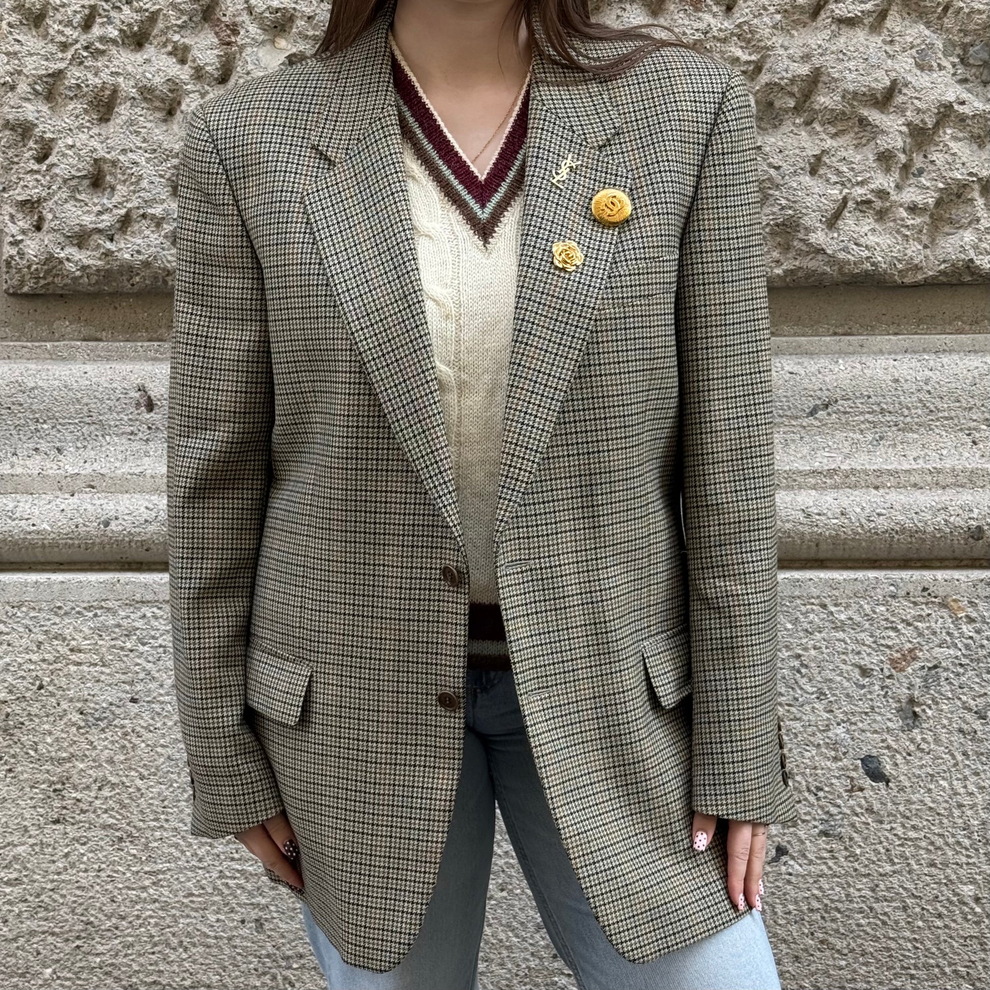 Vintage Brown Houndstooth Oversized Wool Blazer