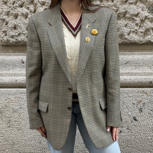Vintage Brown Houndstooth Oversized Wool Blazer