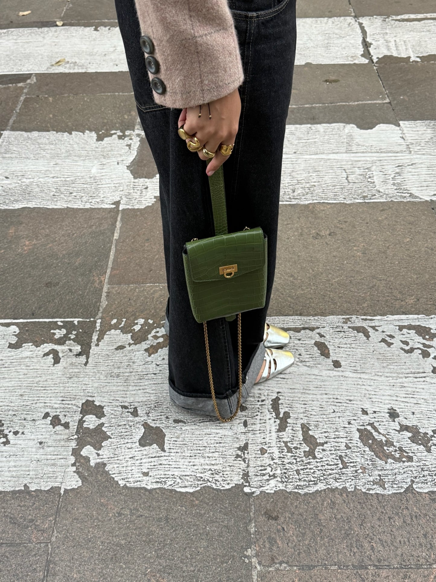 Ferragamo Croc Print Gancini Green Handbag W/ Chain