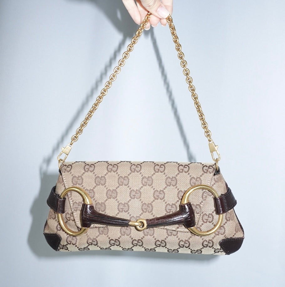 Gucci Horsebit Chain Monogram Canvas Shoulder Bag