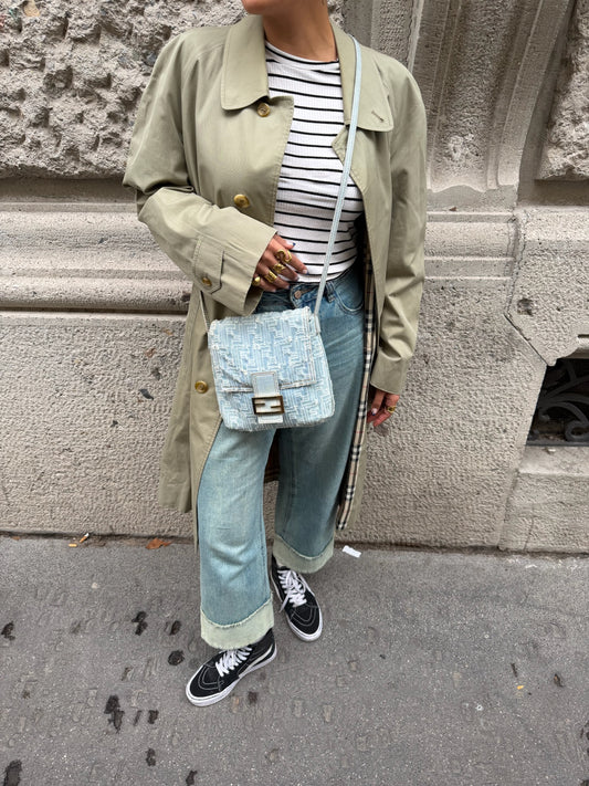 Fendi Zucca Vintage Denim Long Baguette Crossbody Bag