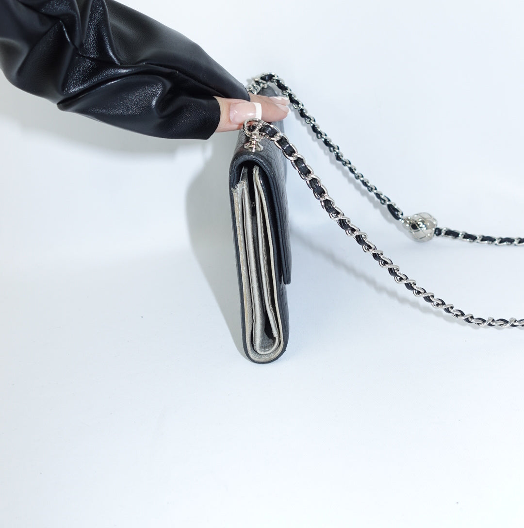 Chanel Black Flap Big Camelia Wallet On Chain