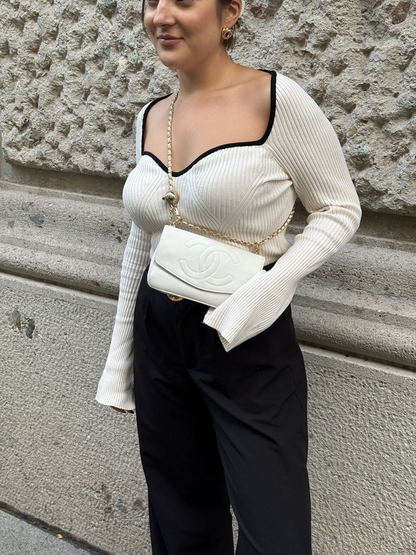 Re-Worked Chanel CC Flap Vintage White Calfskin Vintage Wallet with Chain