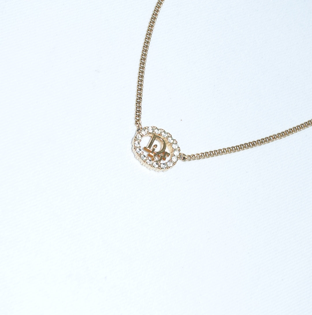     Authentic Dior round crystal logo gold-toned necklace
