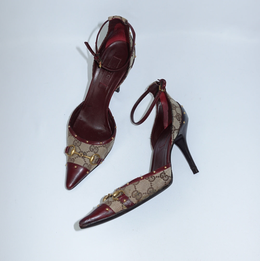 Gucci Monogram & Burgundy Horsebit Heels 37