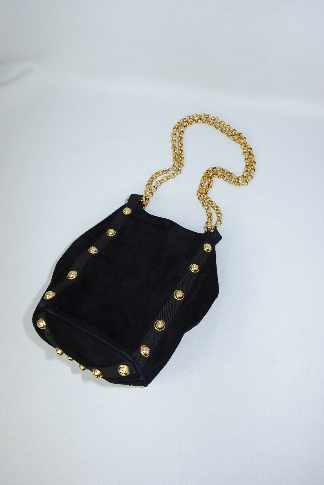 Salvatore Ferragamo Suede Bucket Bag Black with Gold Studs and Drawstring