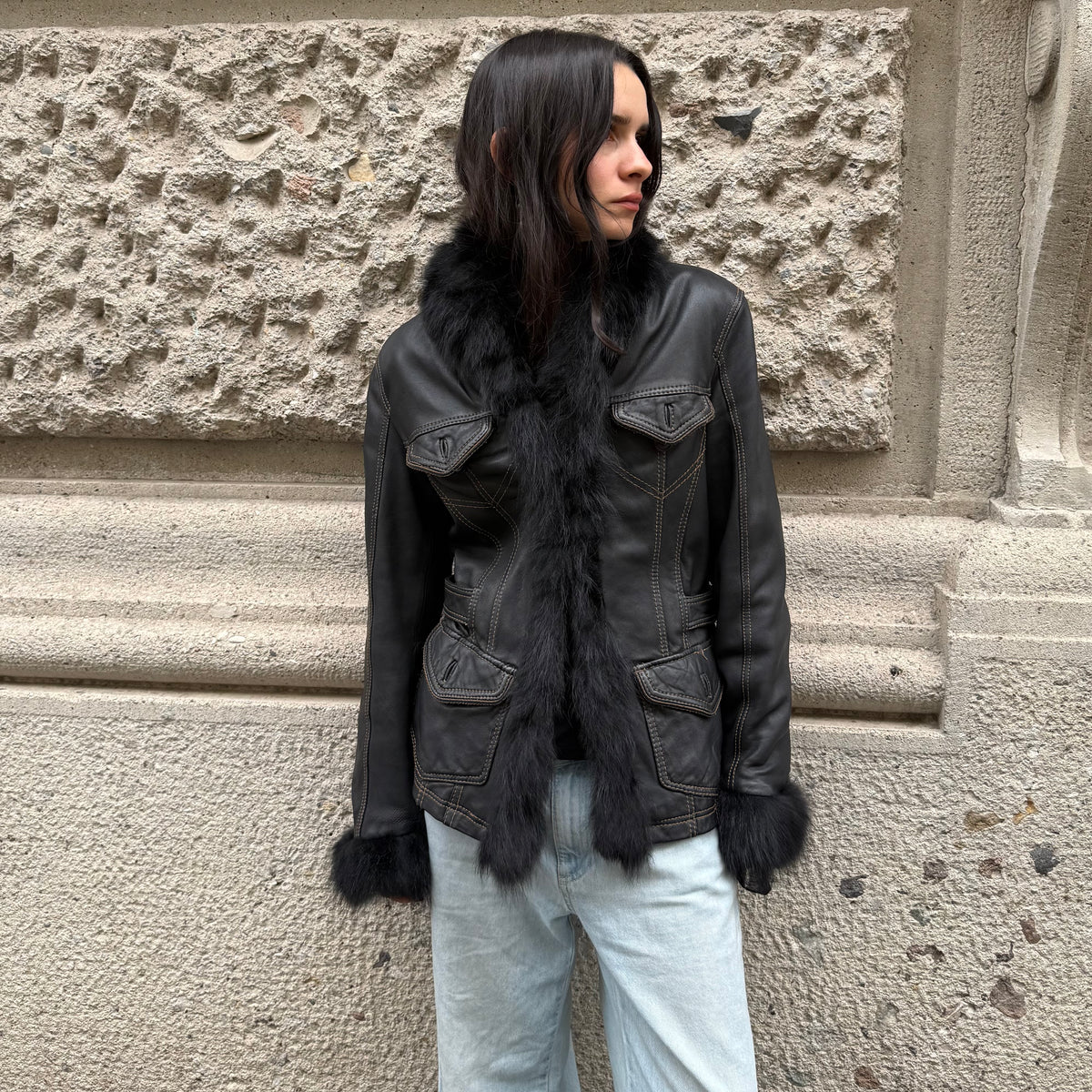 Black Leather and Fur Jacket with Belt