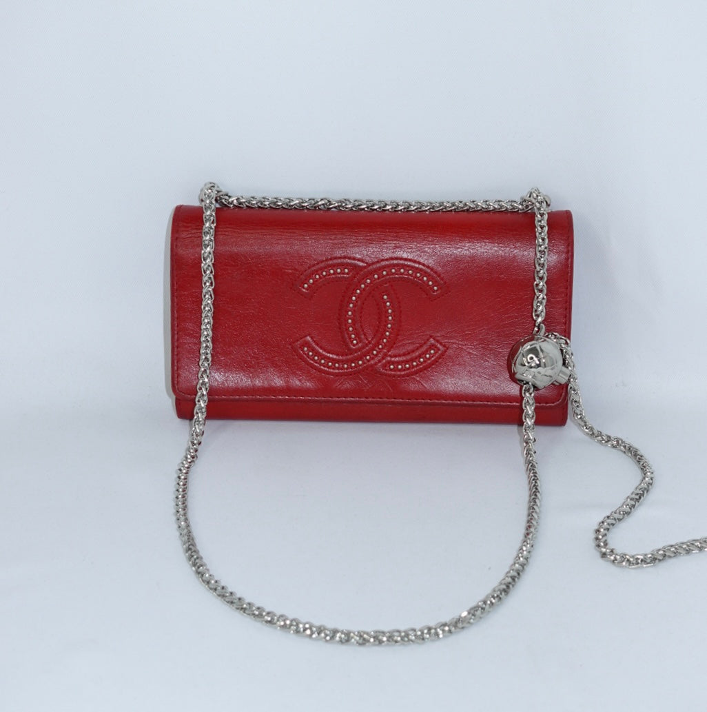     Authentic Chanel Red Leather Wallet with Chain