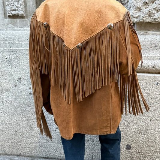 Giacca western con frange in pelle scamosciata vintage beige