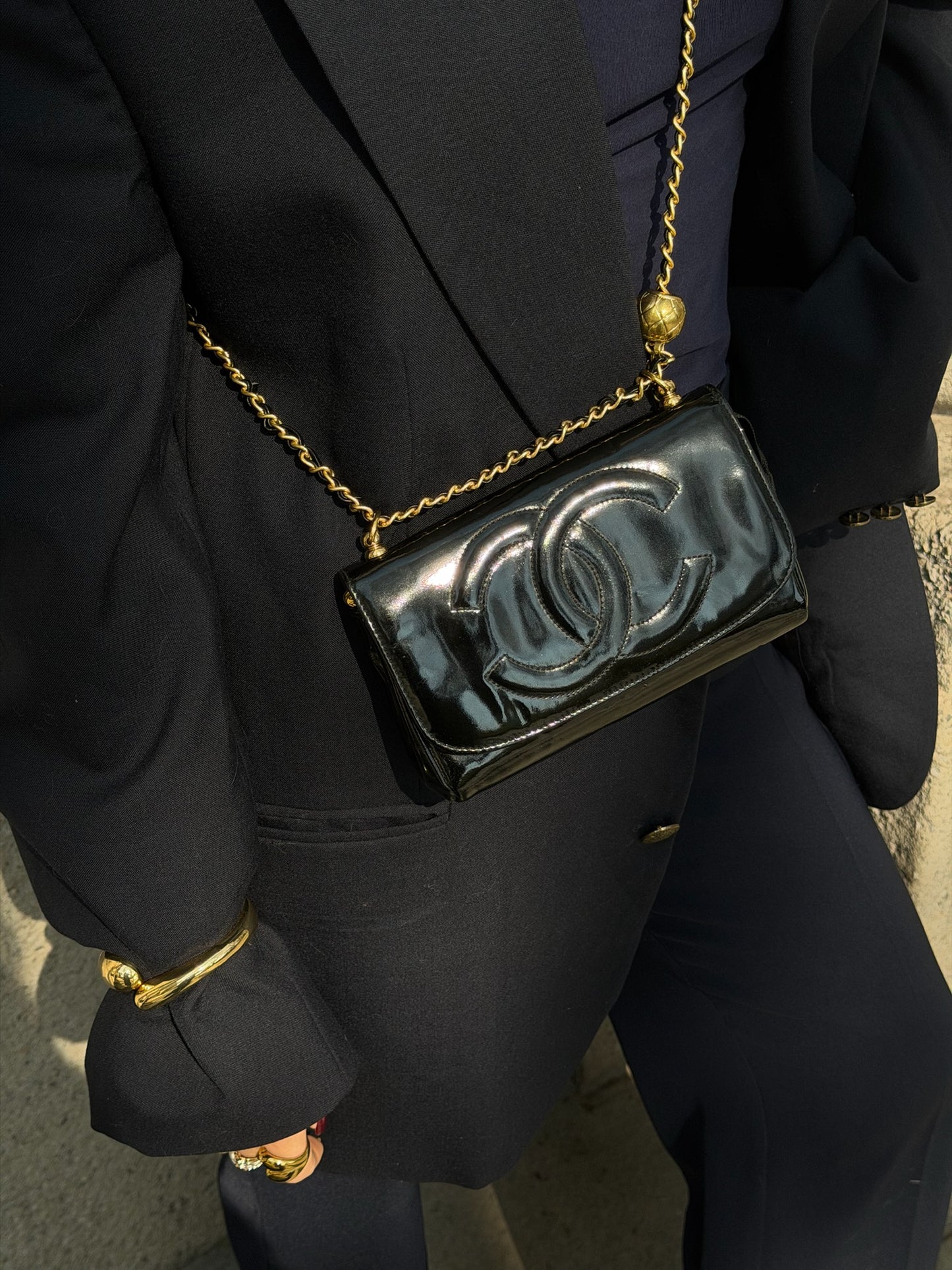 Chanel Re-Worked CC Flap Vintage Black Patent Leather Wallet w/ Chain