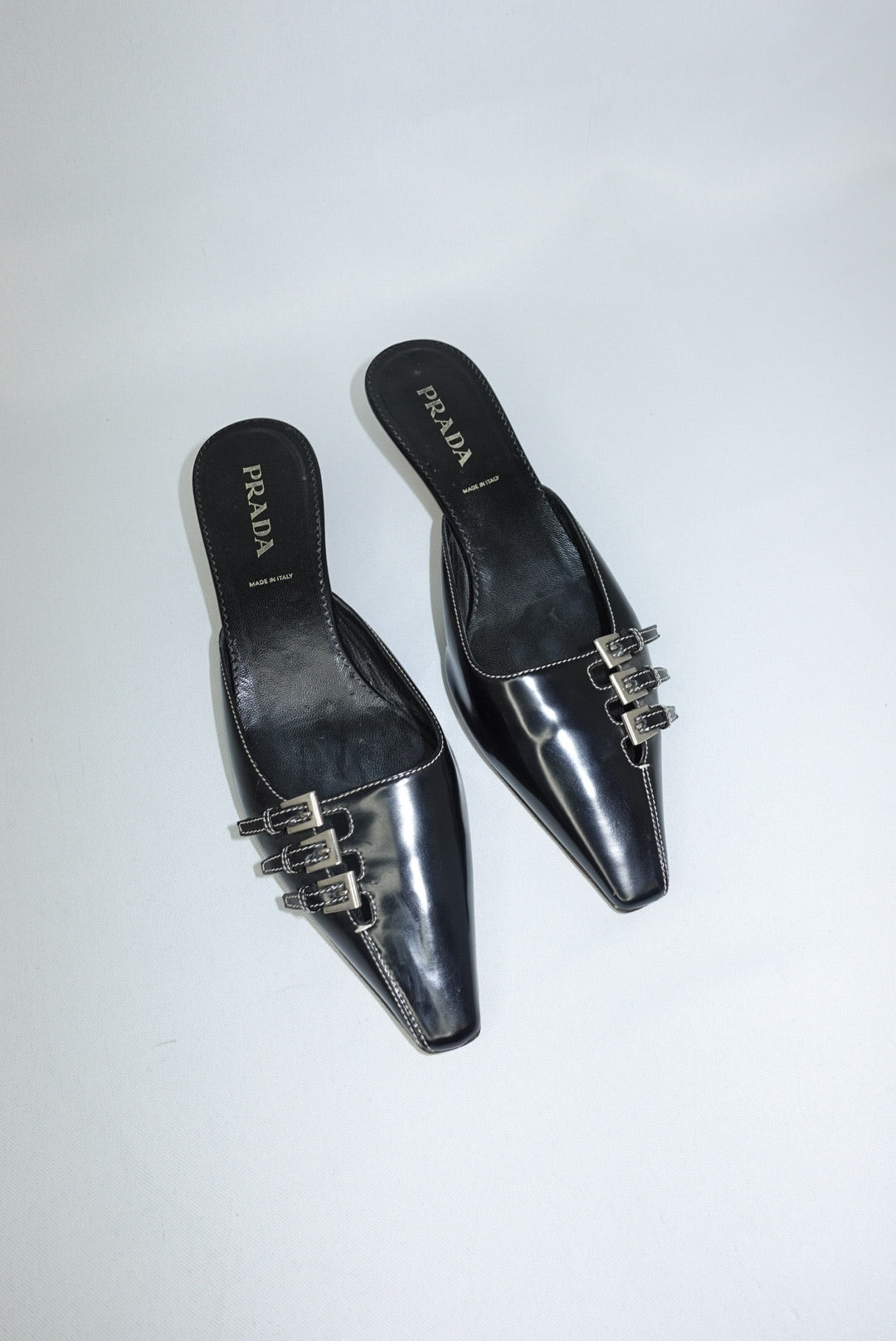 Prada Black Leather Kitten Heel Mules 38.5