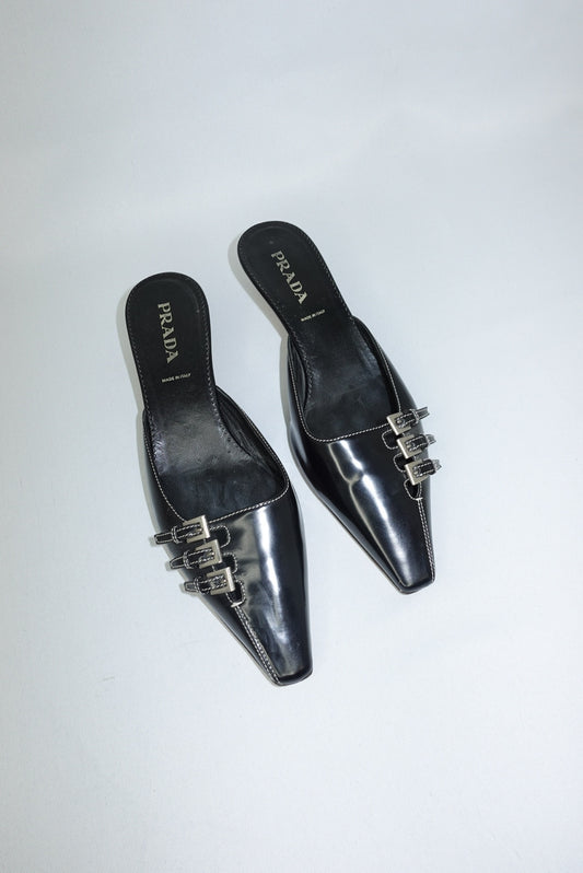 Prada Black Leather Kitten Heel Mules 38.5