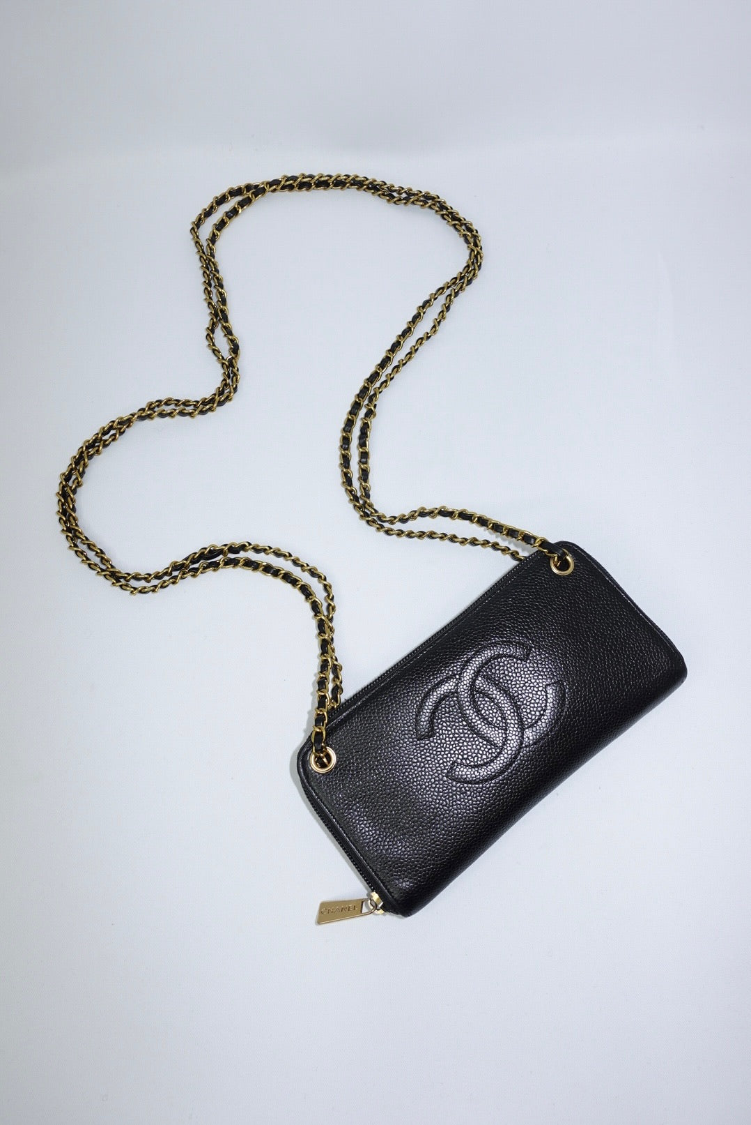 Chanel Re-Worked Zip Vintage Black Interlocking CC Logo Caviar Wallet with Chain