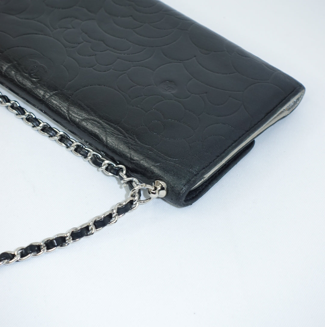 Chanel Black Flap Big Camelia Wallet On Chain