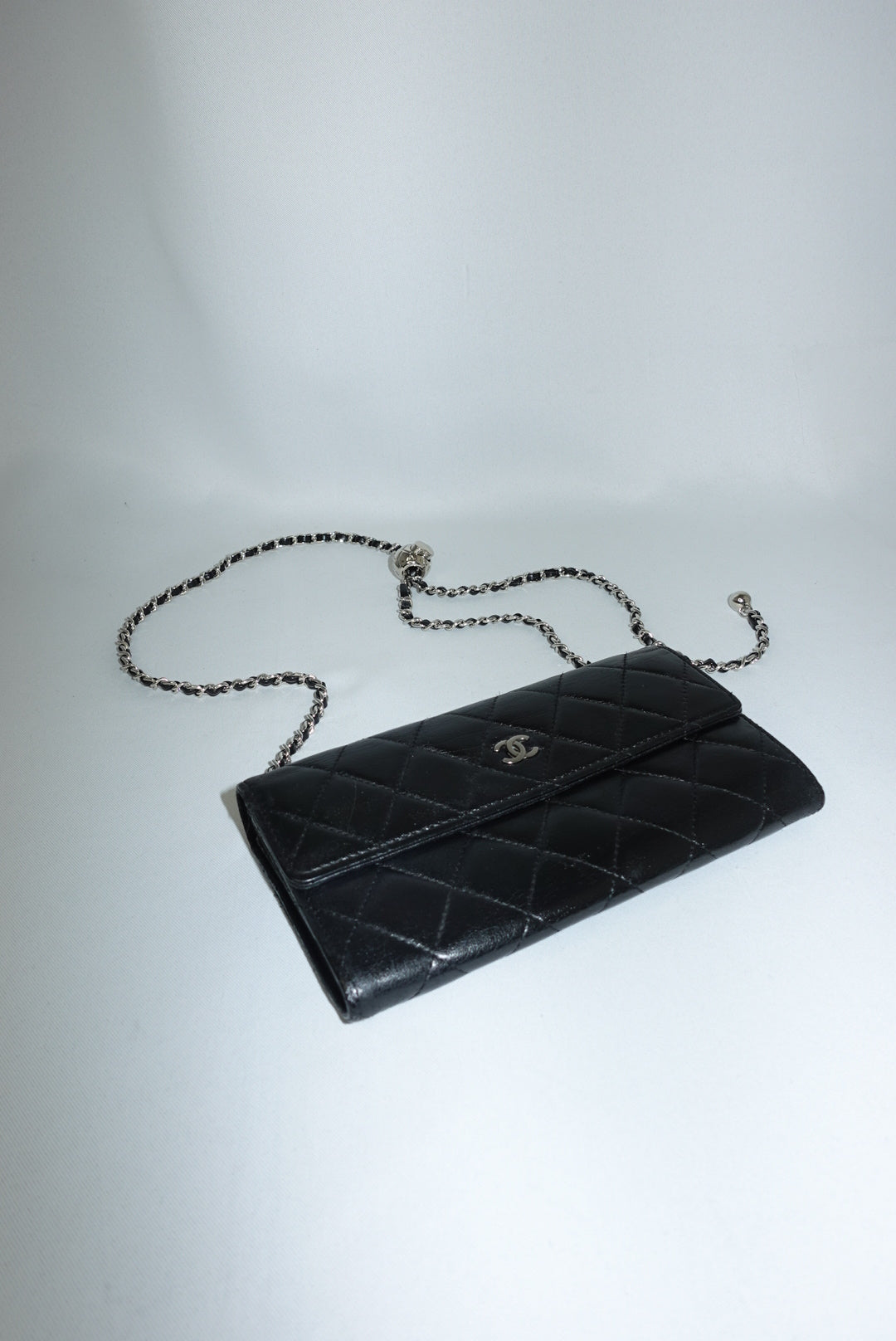 Chanel Vintage Reworked Black Caviar Leather Wallet on Chain