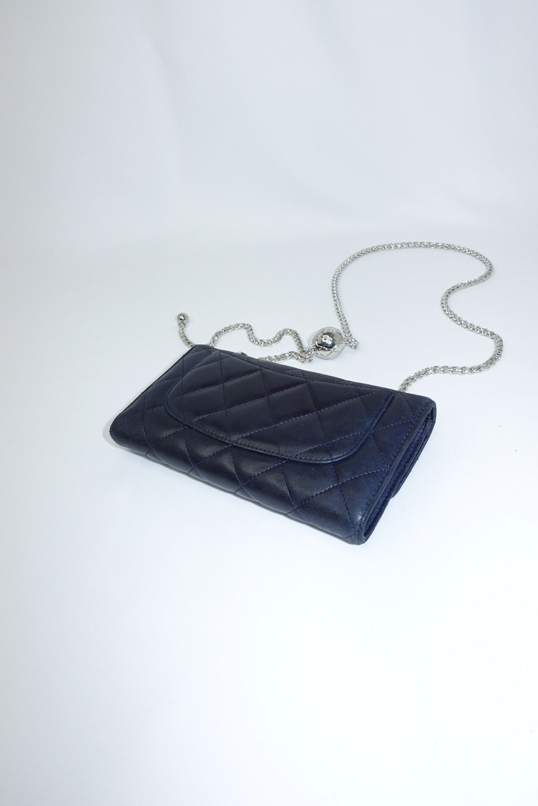 Re-Worked Chanel Timeless Trifold Vintage Navy Wallet with Chain