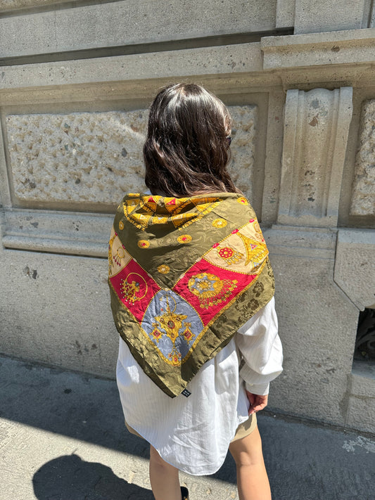 149. Chanel Vintage Gold and Military Green Pattern Scarf