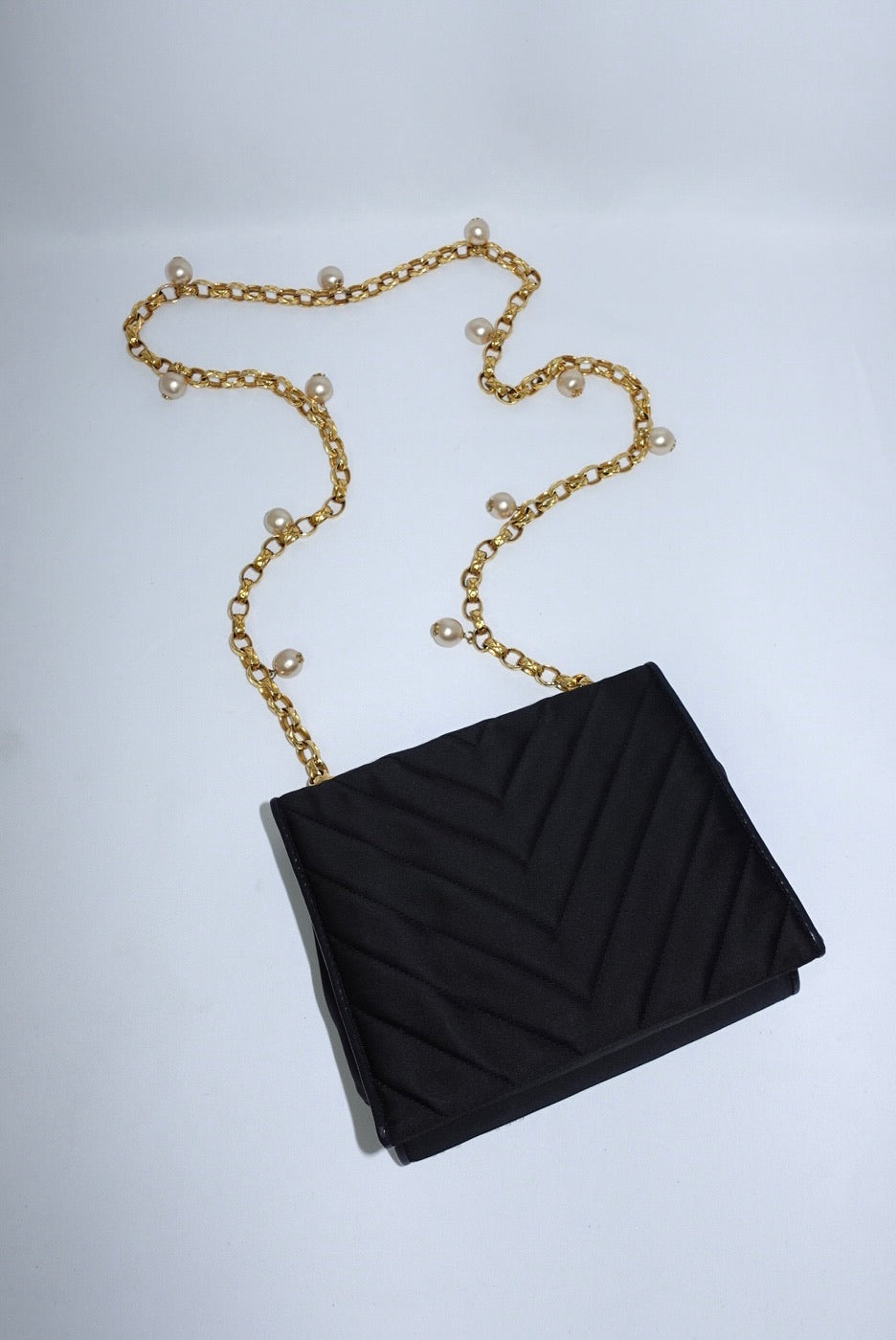 Chanel Vintage Satin Pearl Chain Embroidered CC Logo Bag