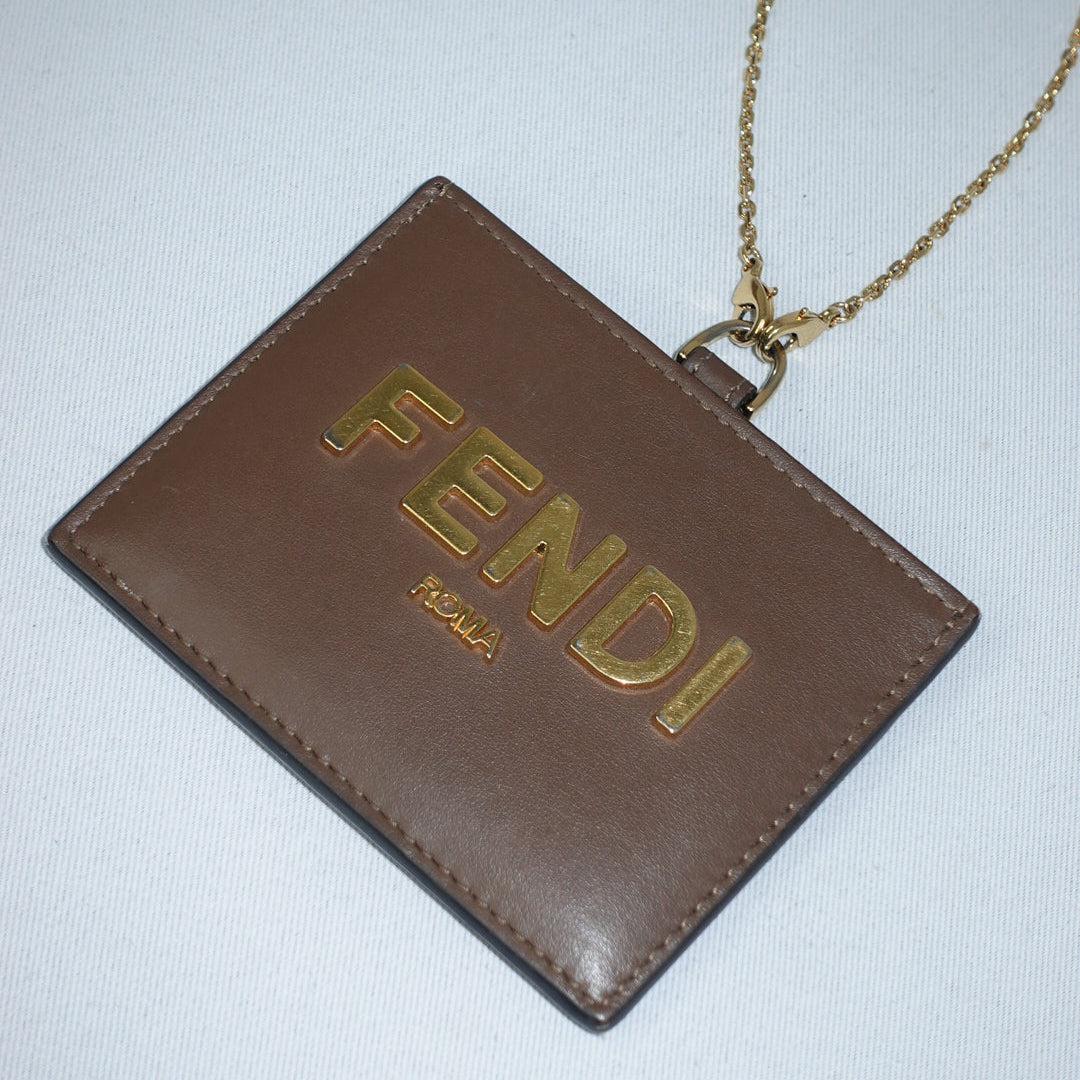 Fendi brown leather card holder with chain and gold tone hardware