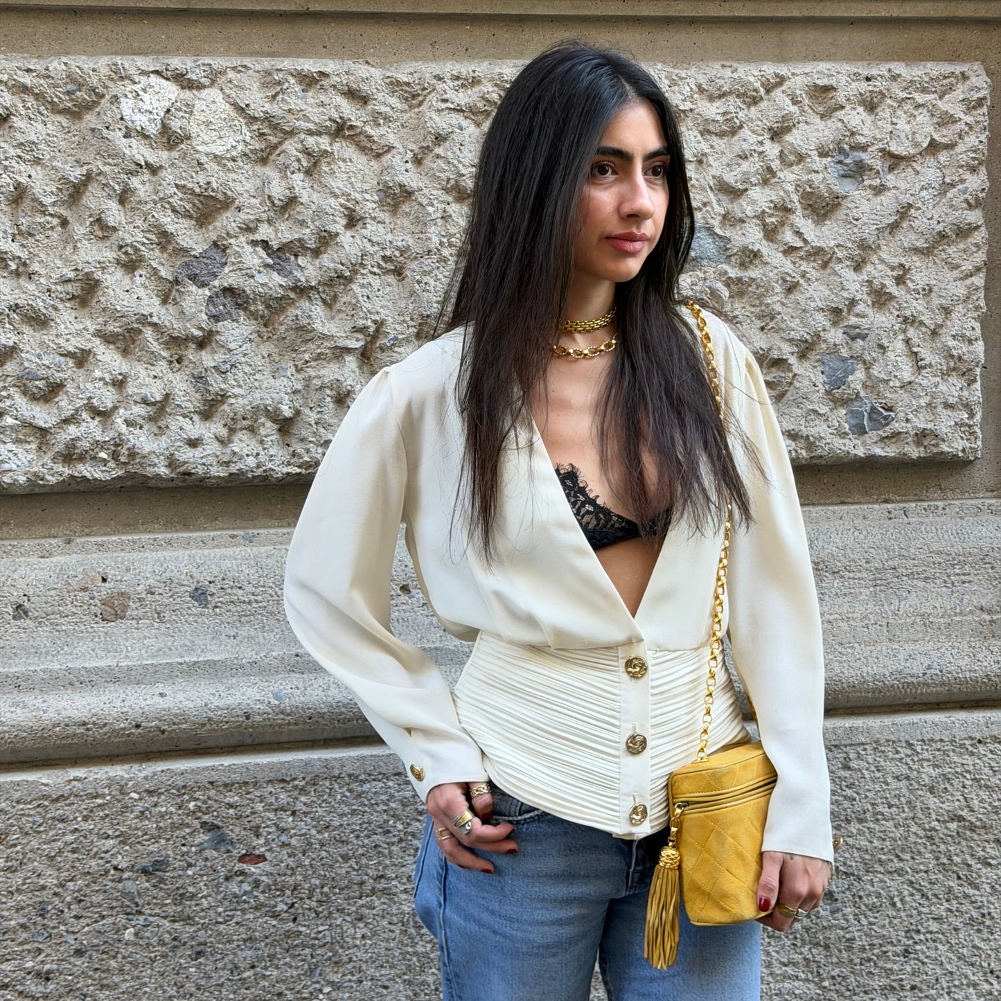 Ivory Plisse V Neck Blouse