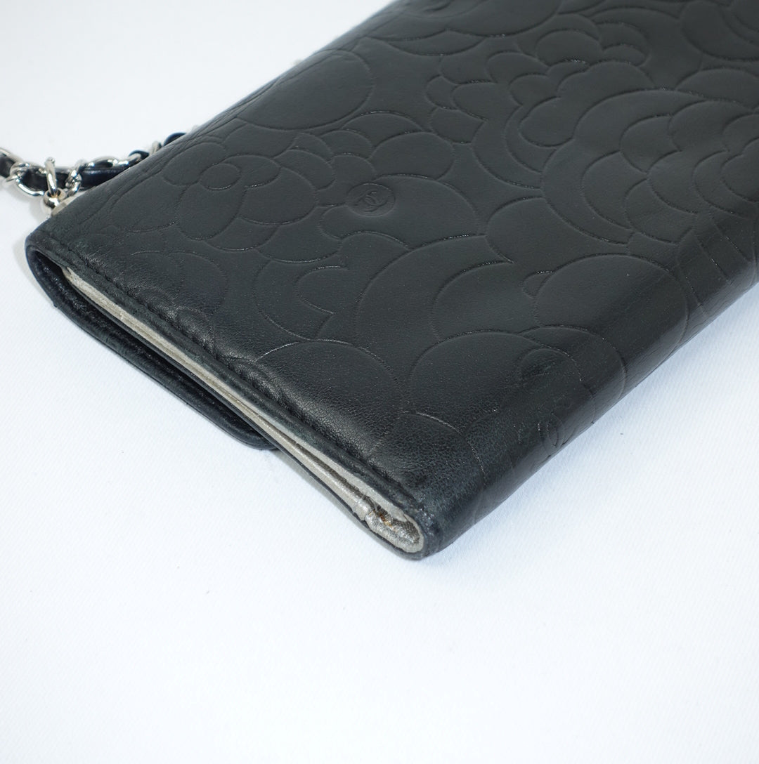 Chanel Black Flap Big Camelia Wallet On Chain