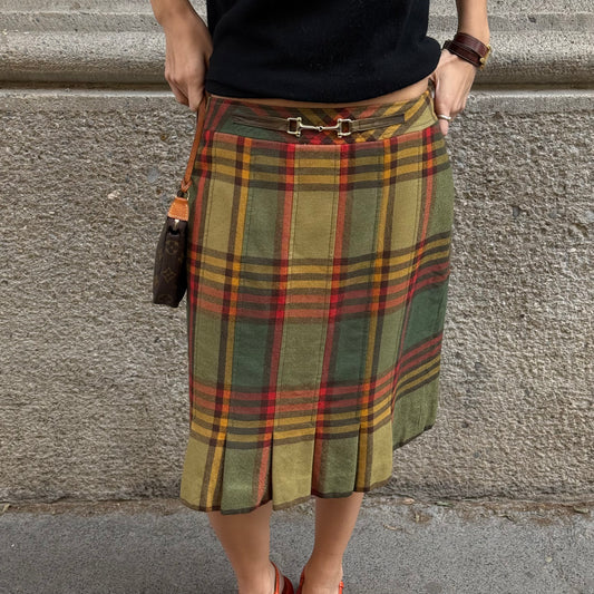 Celine Orange and Green Tartan Wool Skirt w/ Gold Detailing