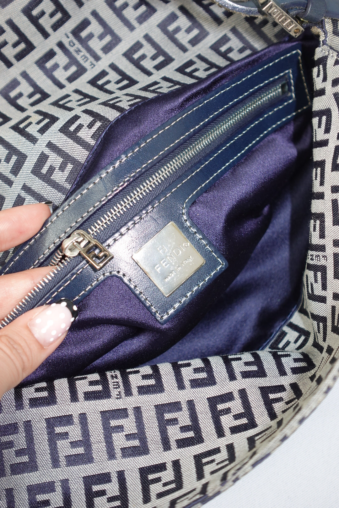 111. Fendi Zucchini Vintage Baguette in Navy Canvas Monogram