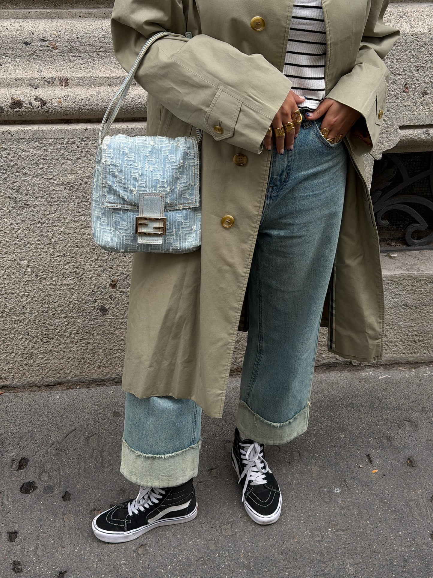 Fendi Zucca Vintage Denim Long Baguette Crossbody Bag